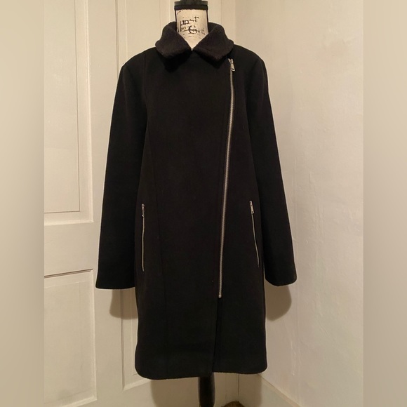 Loft Ann Taylor wool Sherpa moto zipper long black winter coat jacket oversized - Picture 2 of 12